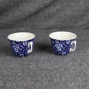 Vintage Unmarked Blue Floral Ceramic Tea Cups‎ Set 2 Made In England Decor